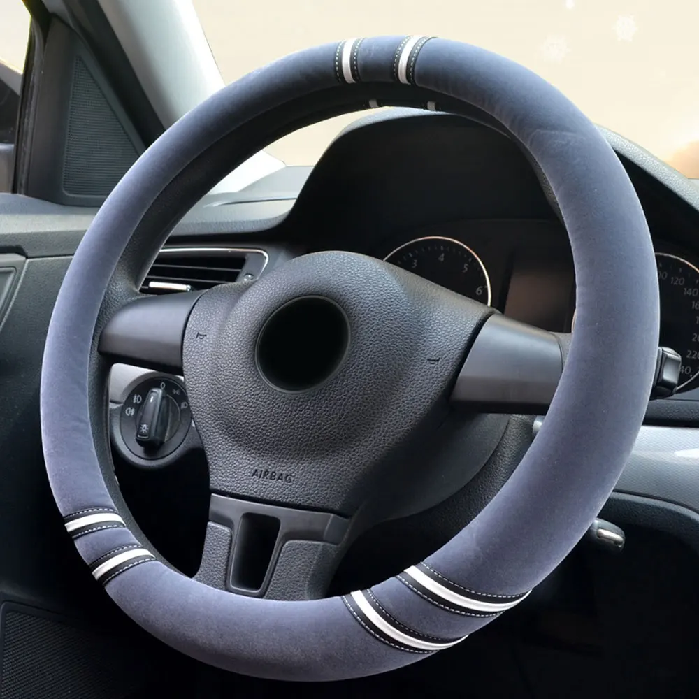 DSYCAR 1 шт. 38 см Пушистый чехол рулевого колеса автомобиля мягкие теплые плюшевые короткие бархатные чехлы авто украшения зимние автомобильные аксессуары - Название цвета: Серый