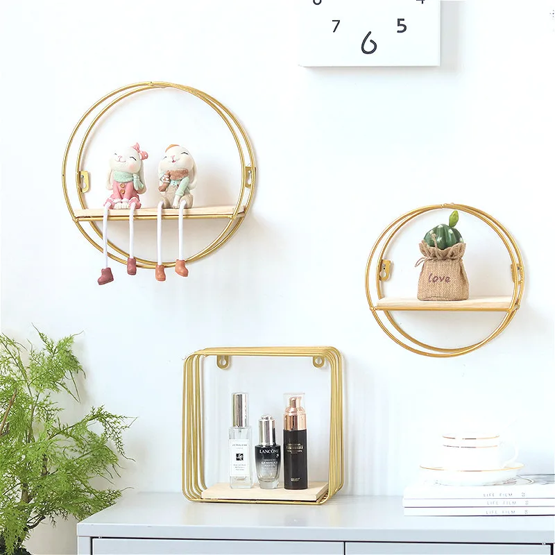 

Round/Square/Oval Wrought Iron Gold Storage Rack Wall-mounted Shelf Creative Bathroom Hangers Holder Organizer Home Decoration