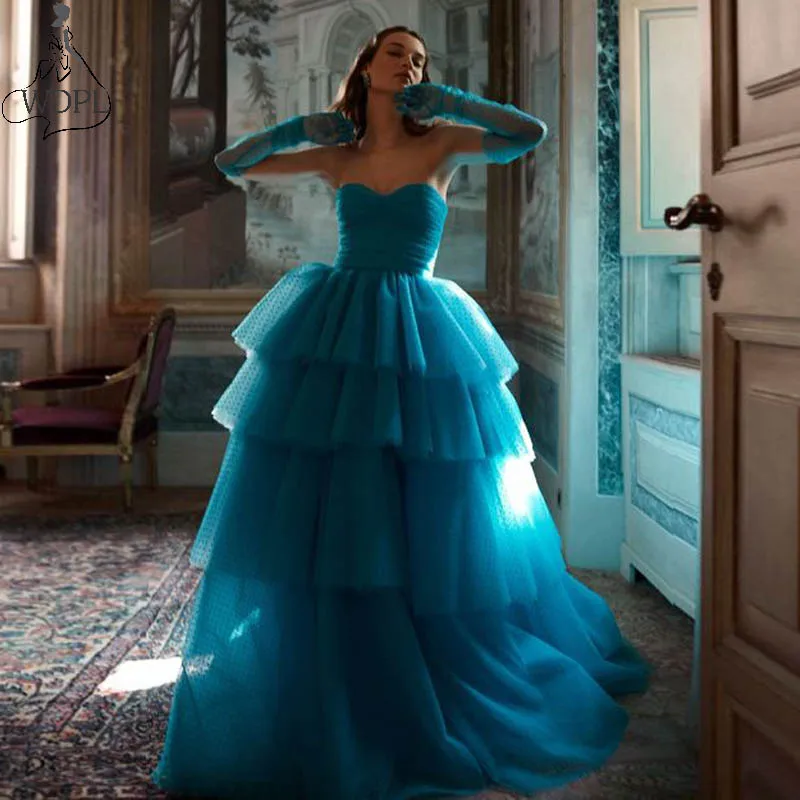 

Turquoise 2020 New Prom Dresses Strapless Tiers Tulle robe de soiree Sweep Train Ball Gown Evening Dress vestido longo festa