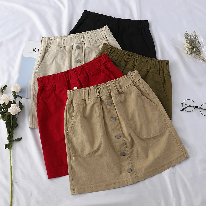 

Heliar Button Front High Waist A Line Skirt Casual Skirt Female Pleated Autumn Mid Waist Summer Skirt Solid Casual Cotton A Line