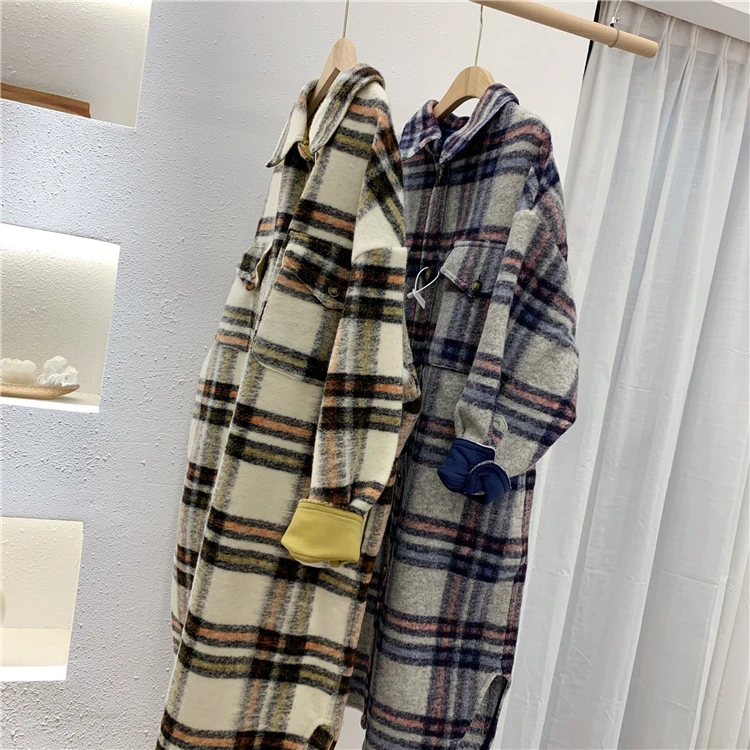 Women Elegant Woolen Coat Plaid Print Wool Turn Down Collar OG0696