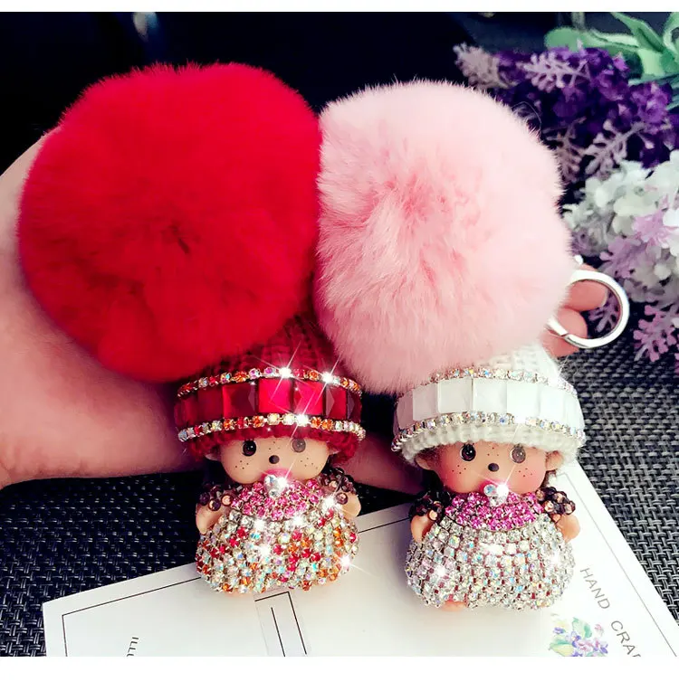 

15 Colors Cute Rhinestone Monchichi Keychain Pompom Rabbit Fur Ball Key Ring Pendant for Women Handbag Purse Backpack Jewelry