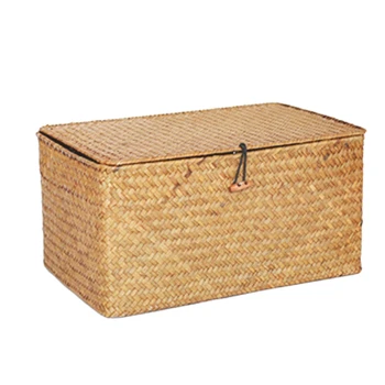 

Handmade Straw Woven Storage Basket with Lid Makeup Organizer Storage Box Seagrass Laundry Baskets Rattan Jewelry Box(M)