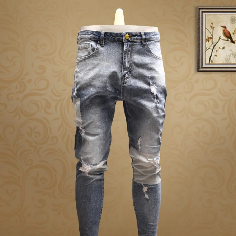 Мужские обтягивающие рваные джинсы в стиле пэчворк, уличная одежда, синий светильник, брюки длиной до щиколотки для ковбоев