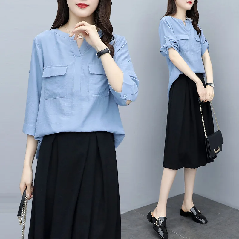 

2019 Spring And Summer New Style Large Size Dress Large GIRL'S V-neck Three-quarter-length Sleeve Tops And Loose Pants Skirt Two