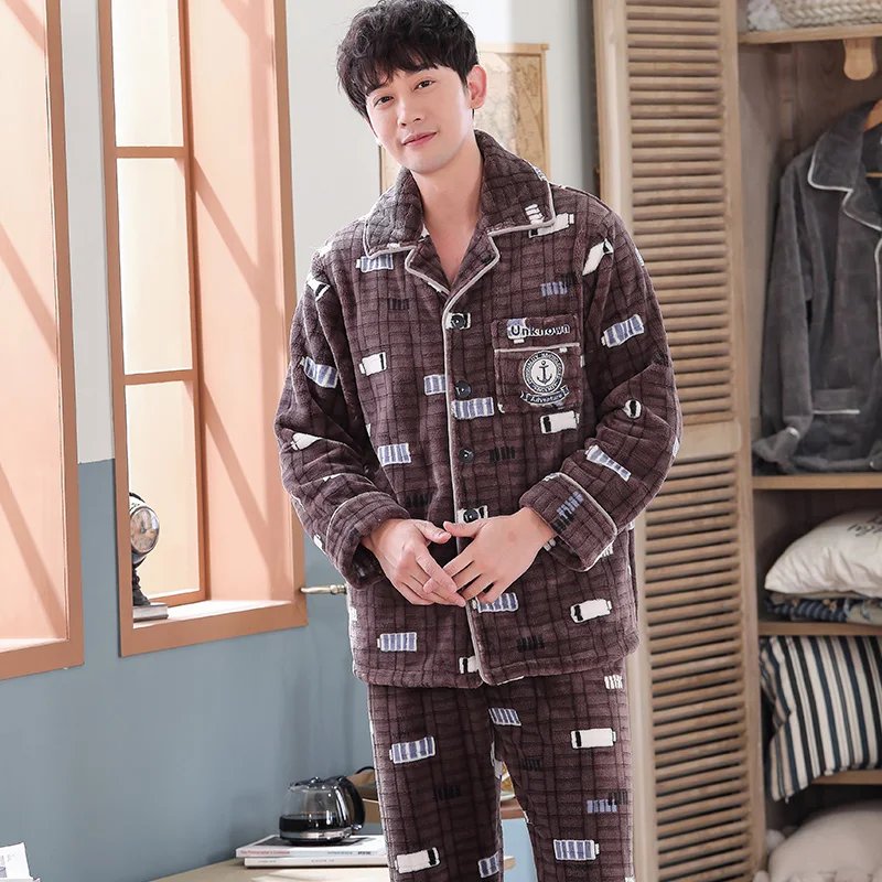 ER613 plus size M-4XL flannel pajama sets for men winter thick keep warm pajamas long sleeve pyjama male homewear pijamas hombre - Цвет: ER613