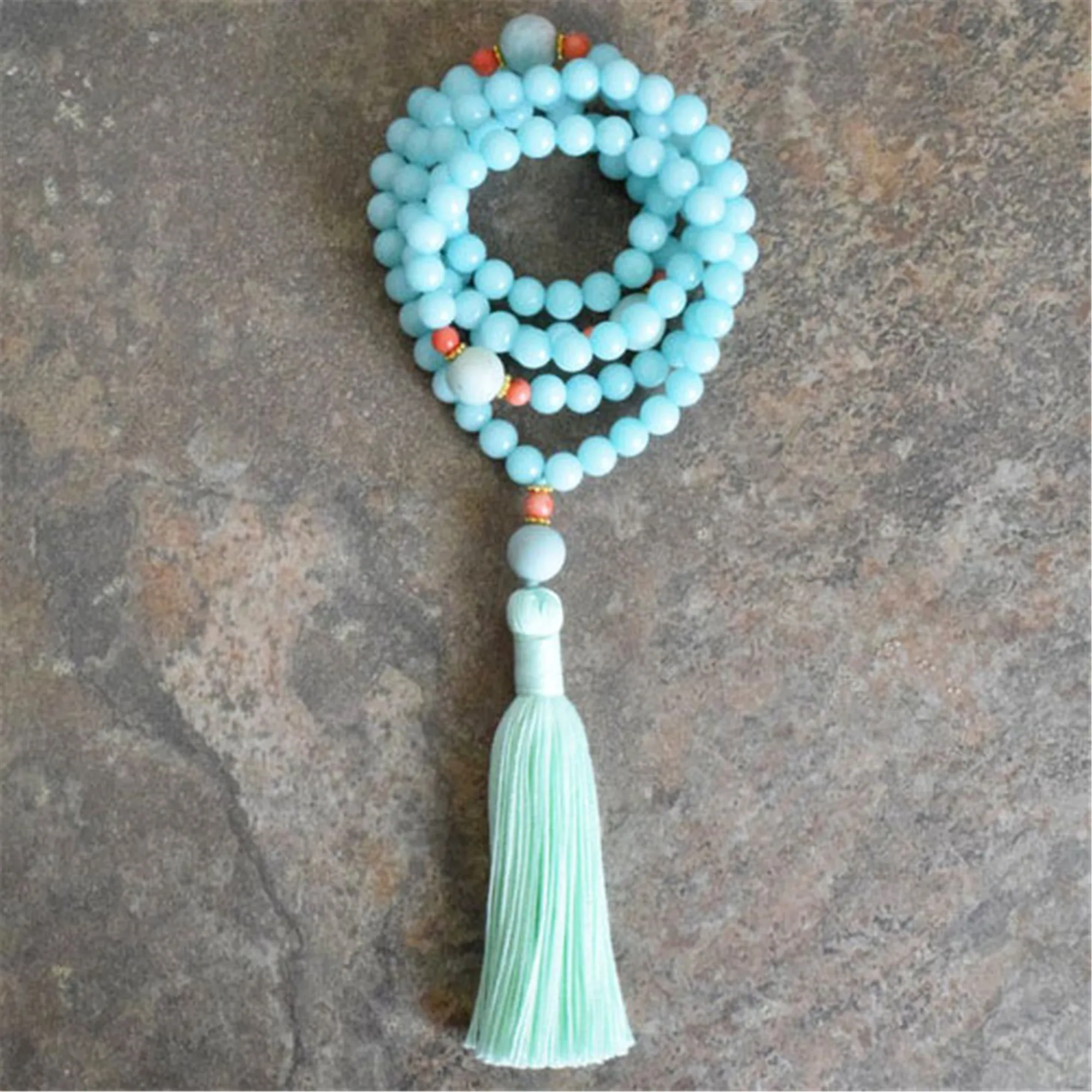 8mm Natural Amazonite 108 Beads Handmade Tassel Necklace Spiritua Spirituality  Meditation
