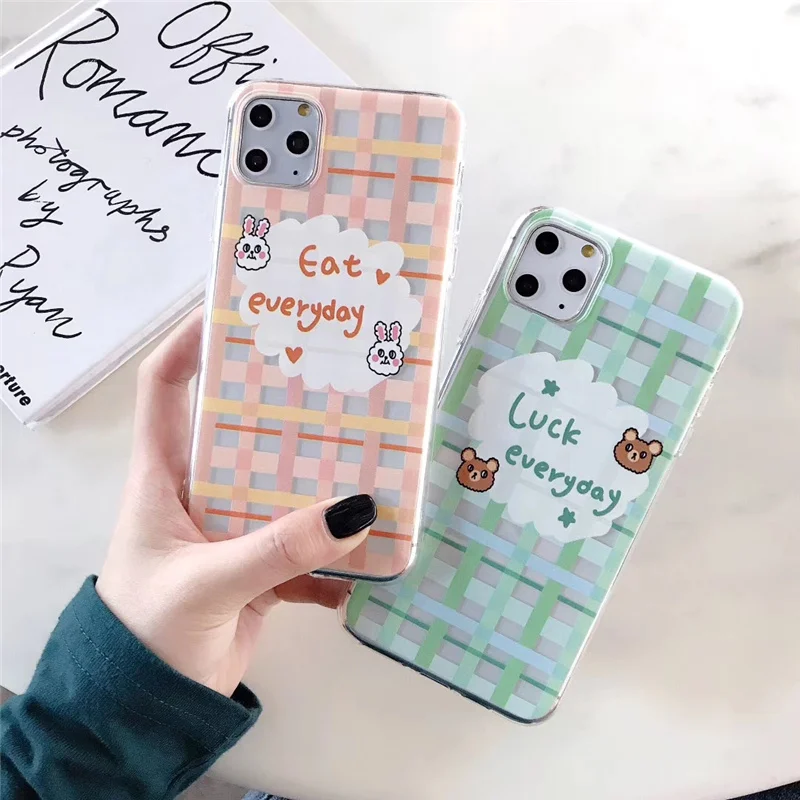 

INS Korean line grid bear rabbit case for iphone 8 7plus xs max x xr funda plaid clear soft cover for iphone 11 7 8plus 6 s Plus