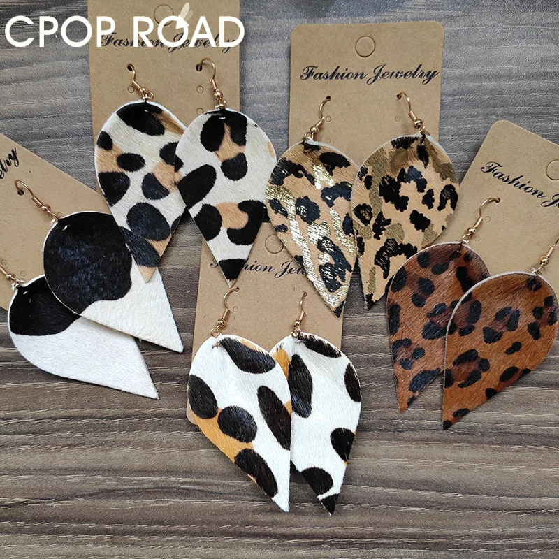 Cpop большие кожаные серьги для женщин белый черный кулон в виде листа коровы с