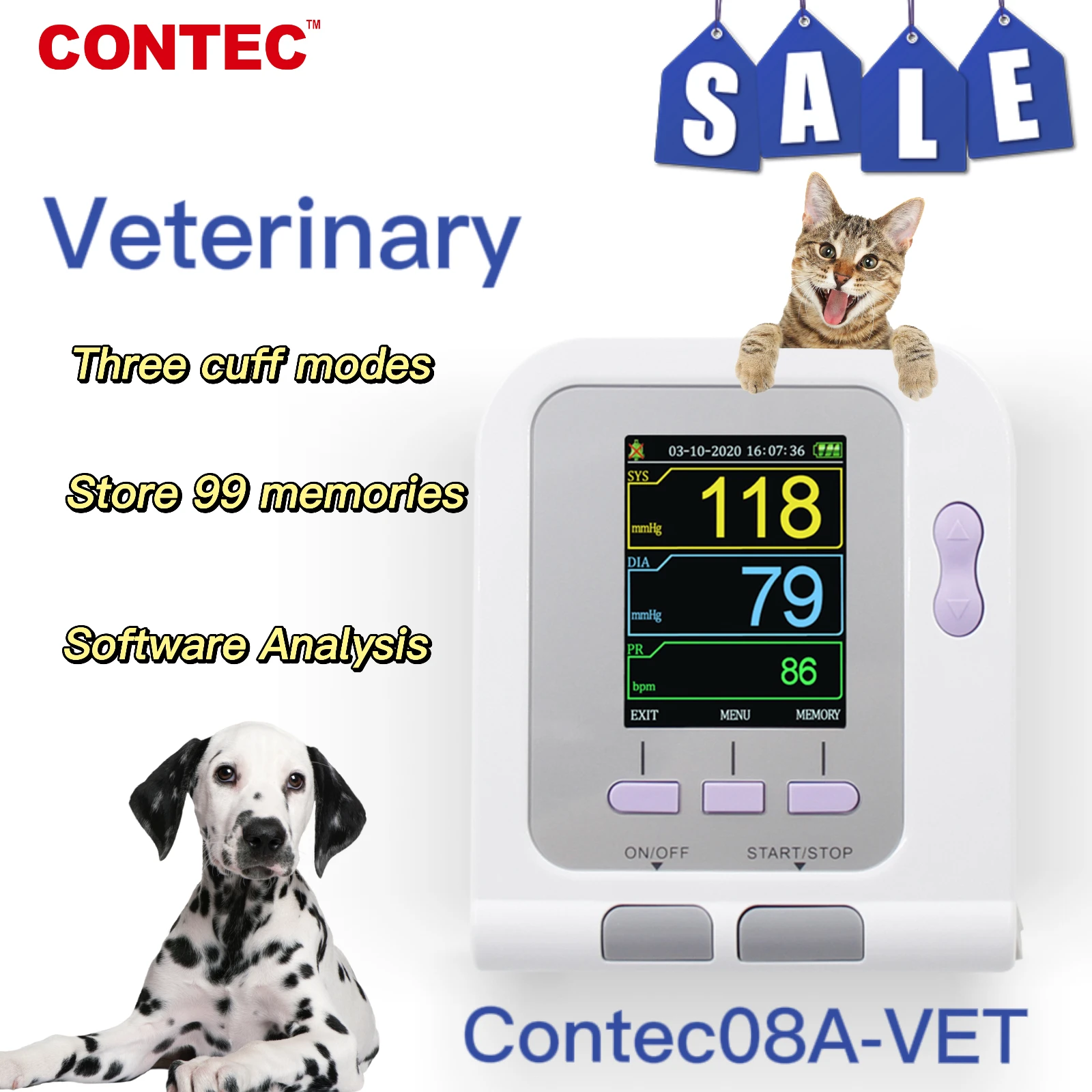 CONTEC CHN&RU&USA Vet Veterinary OLED Digital Blood Pressure & Heart Beat Monitor NIBP CONTEC08A-VET