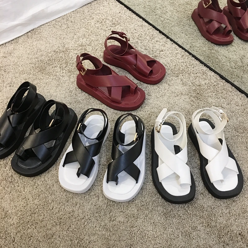 MIYEDA Women Summer Sandals Casual Cross-strap Black  Ankle Strap Fashion Beach Flats Open Toe Office Ladies Shoe