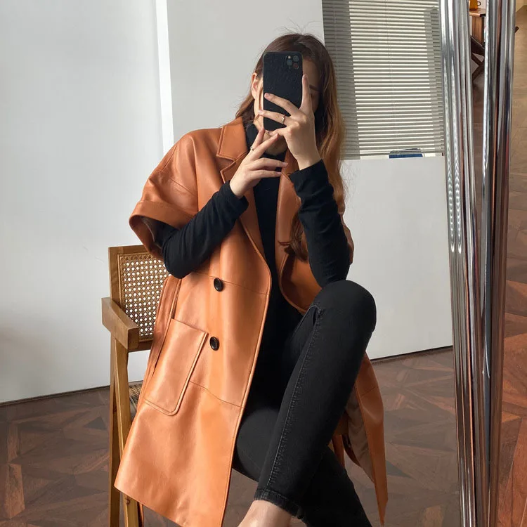 genuine Leather coat 2021 suit collar double-breasted windbreaker short sleeve strap long thin real sheepskin jacket women sexy