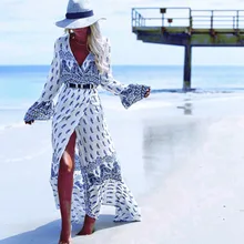 Пляжный Купальник с принтом пляжное длинное платье богемное бикини накидка Туника купальный костюм Женская пляжная одежда женский купальник