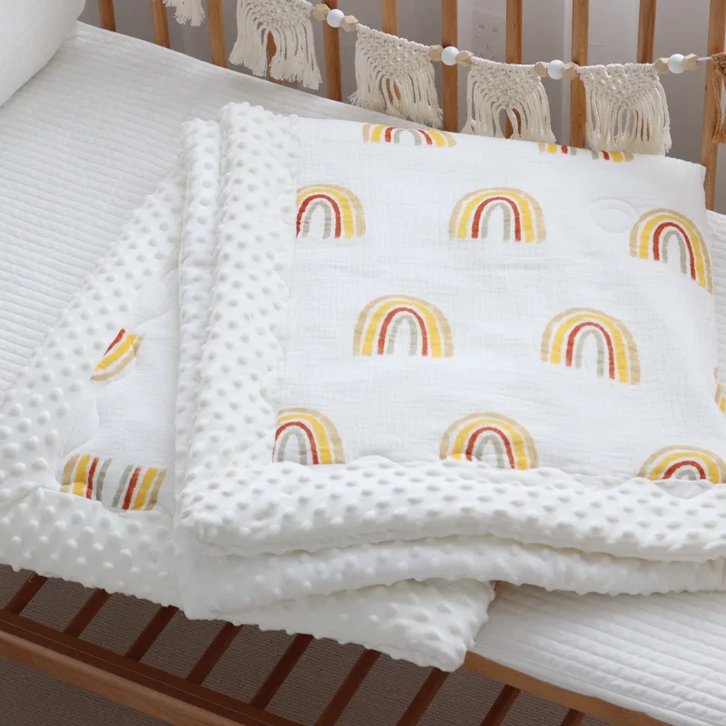 Minky Dot & Cotton Baby Quilt Cotton Comforter For Newborns Rainbow 100x120cm