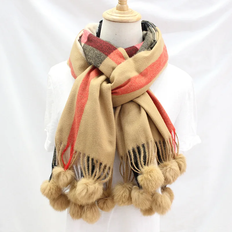 camel plaid Женский однотонный кашемировый шарф из кроличьего меха с помпонами, зимний толстый шарф, пончо, хиджаб, одеяло, Cachecol - Цвет: camel plaid