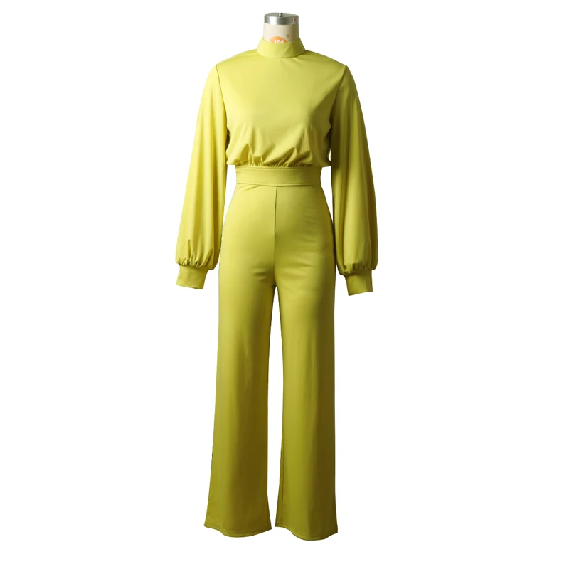 Casual Wide Leg Bodycon Jumpsuit Women OverallsLong Sleeve Rompers Half-high Collar Lantern Sleeve Backless Jump Suits for Women