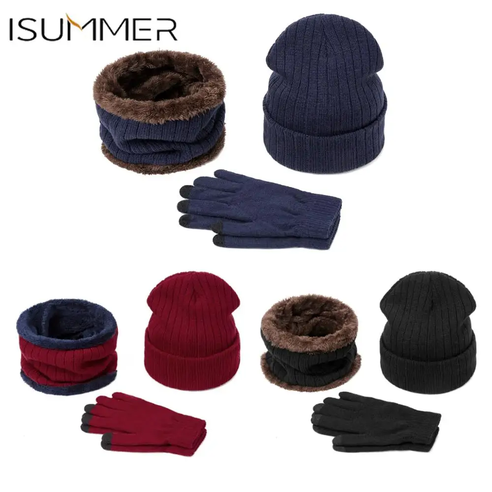 

3 Pes Men Hat Glove Scarf Collar Warm Set Autumn Winter Accessories Women Plus Velvet Suit To Resist Cold Unisex Three Color