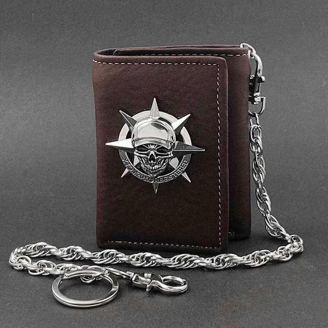 Big Skull Trifold Card Holder Leather Wallet Men’s Biker Chain Wallet Brown