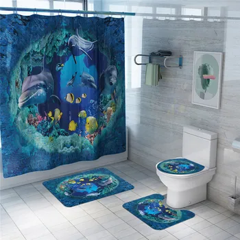 

4PCS Shark Deep Sea Bath Shower Mat Set Non Slip Bathroom Curtain Rug Toilet Cover Bath Shower Curtains Bath Mat 0731#