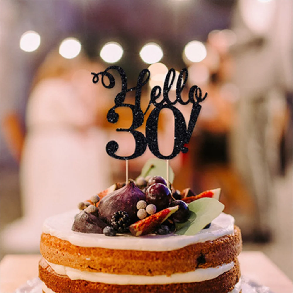 Party Decorations Birthday Party Supplies Cake Toppers Gold Silver Black Hello 21 30 40 50 80 Hand Writing Cake Toppers Happy Birthday Party Decoration for Anniversary Supplies