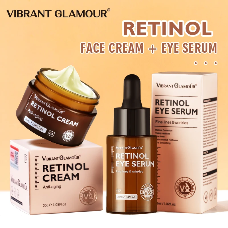 VIBRANT GLAMOUR Retinol Face Cream And Eye Serum 2 PCS/Set Firming Lifting Anti-Aging Reduce Wrinkle Fine Lines Facial Skin Care vibrant glamour retinol set face cream face serum eye cream retinol anti aging whitening lightens spots reduces fine lines 3pcs