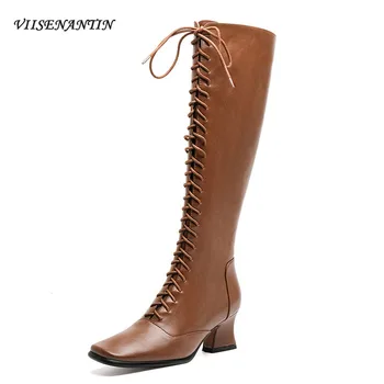 

British Style Knee-length Boots Women's New Autumn Winter Lace-up Medium-heeled Square Toe Versatile High-top Knight Boots