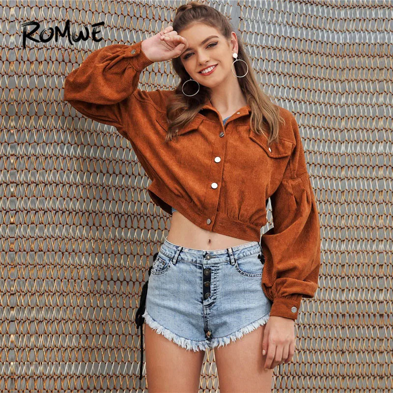 

ROMWE Metal Button Solid Corduroy Jacket Coat Women Brown Casual Single Breasted Fall Cropped Jacket 2019 Autumn Outerwear