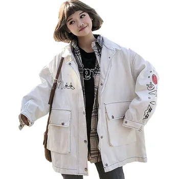 

Fashion Denim Jacket Female Spring Autumn New Loose Fashion bf Harajuku Wind Tool Collar Letter Alphabet Wild Shirt Female A100