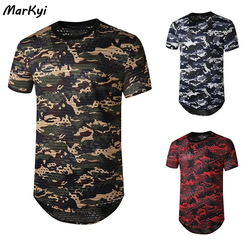 

MarKyi 2020 brand new hole tee shirts men short sleeve camouflage hip hop t-shirt men streetwear