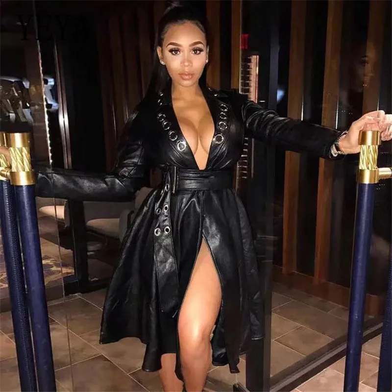 

YEYA Faux PU Leather Coat Women Long Sleeve Turn Down Collar Leather Skirted Blazer Vintage British Style Overcoat with Belt