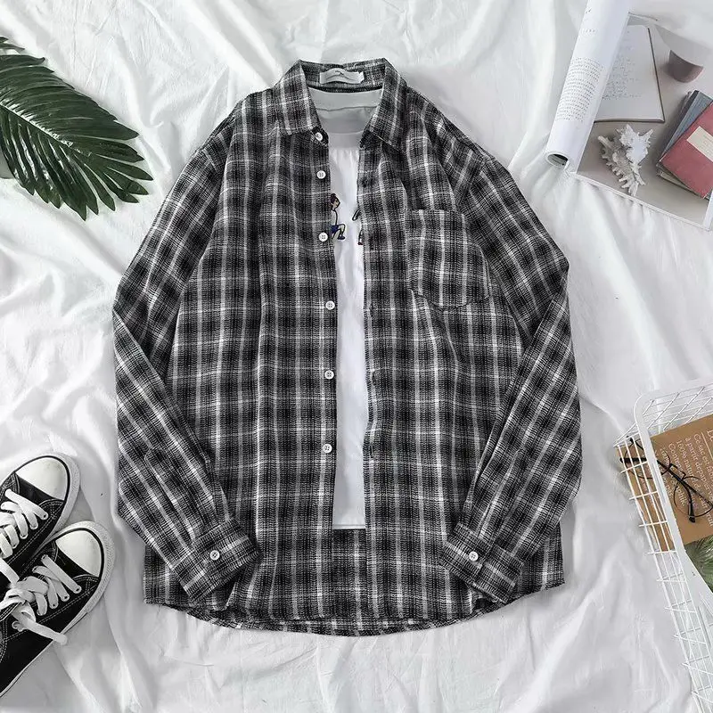 shirt man Весенне-осенняя длинная рубашка с карманом мужская одежда Slim Fit Мужская клетчатая рубашка с длинным рукавом Повседневная Уличная мужская рубашка - Цвет: shirt man