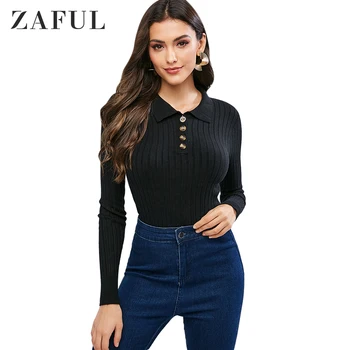 

ZAFUL Buttoned Front Pullover Slim Sweater For Women Turn-Down Collar Long Sleeve Solid Color Tops Female Autumn Winter Hot Sale