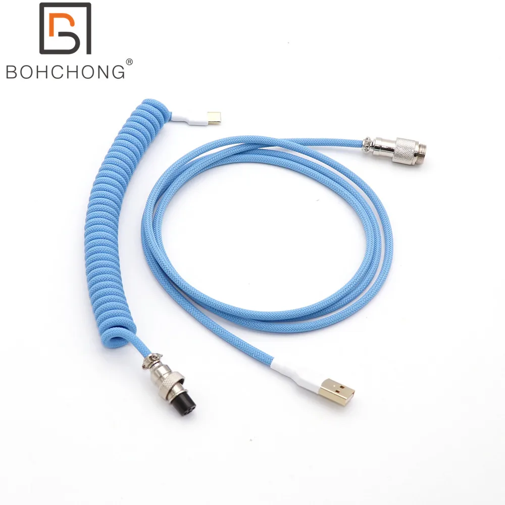 Custom Make Single Sleeved PET Coiled Spring Type C Mini USB Cable Mechanical Keyboard Cable GX12 GX16 Aviator