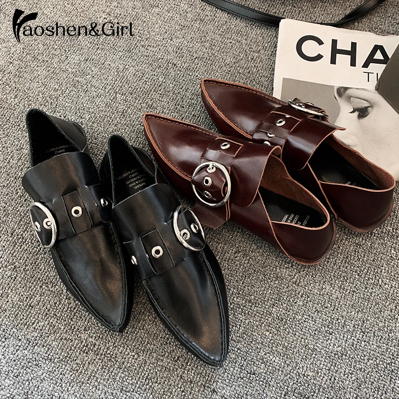 

Haoshen&Girl 2020 NEW Spring Genuine Leather Flats Oxfords Buckle Point Toe Retro Casual Woman Neutral Flat Shoes Size 34-40