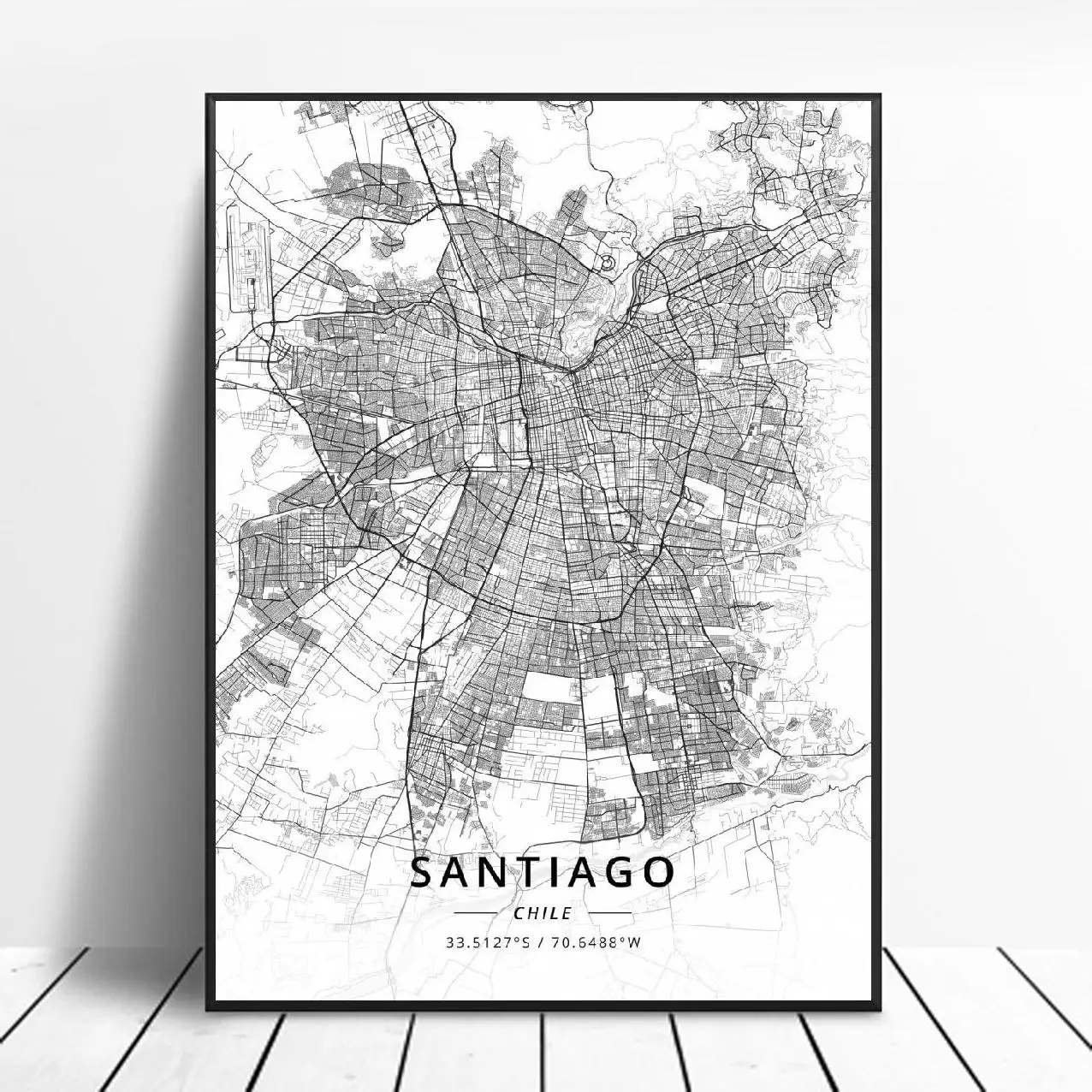 黒と白のサンティアゴチリ緯度経度キャンバスアート地図ポスター 絵画 書道 Aliexpress