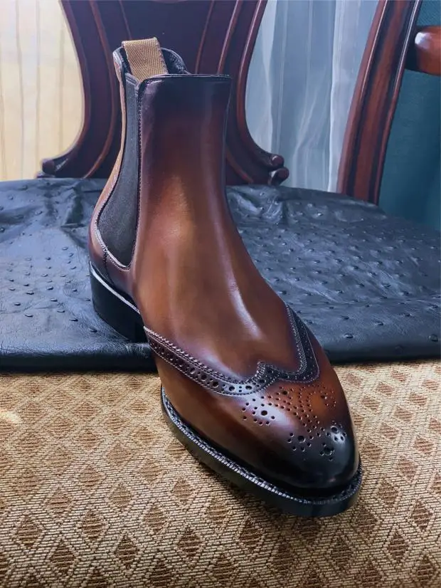 Роскошная обувь для мужчин sipriks бренд итальянский коричневый с оттенком патины Ботинки Челси мужские классические ботильоны из телячьей кожи прошитая обувь с рантом Винтажный стиль