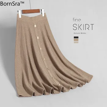 

BornSra Women's Korean-Style Bright Silk Knitted Dress A- Line Dress 2020 New Style For Autumn And Winter Long Skirt