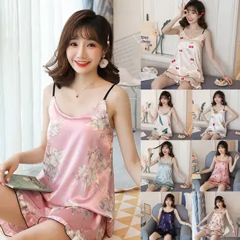 

Women Summer Sleeveless Pajamas Set Ice Silk Sling Camis Tops Ruffles Shorts Sleepwear Sweet Fruits Print Padded Home Loungewear