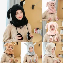 Зимняя женская теплая вязаная шляпа с заячьими ушками, женские шапки с ушками, подвижные холодные и ветрозащитные милые плюшевые шапочки для девочек