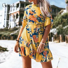 CUPSHE в богемном стиле желтый Цветочный принт сексуальное мини-платье с оборками Новинка, летние, пляжные, в богемном стиле, пояс для похудения Открытое платье без рукавов, Vestido