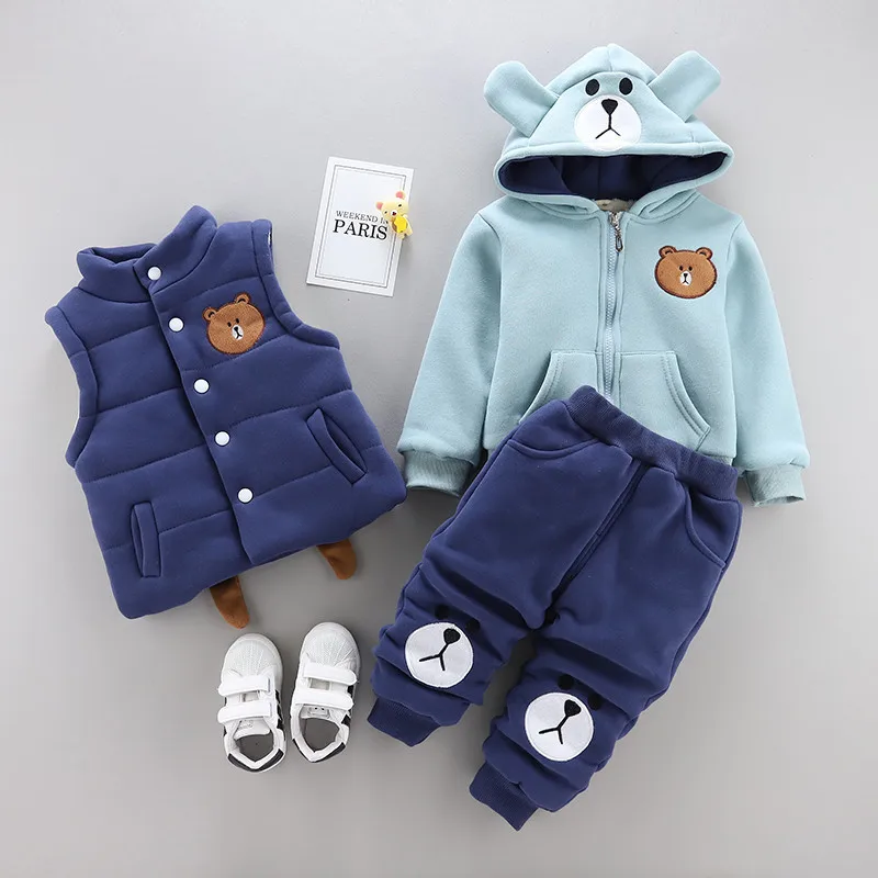 Комплект теплой одежды для маленьких мальчиков и девочек, утепленный жилет с капюшоном+ пальто+ штаны, спортивные костюмы из 3 предметов детская зимняя одежда - Цвет: Синий