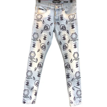 

Starbags PP Italian original skull popular white print punk slim fit elastic pants mid waist washcloth soft four seasons jeans