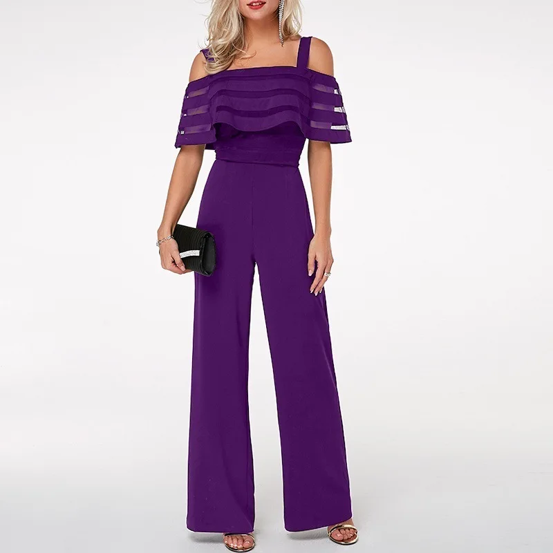 Plus Size Long Wide Leg Romper Overlay Embellished Black Strappy Cold Shoulder Jumpsuit Loose Solid Jumpsuit