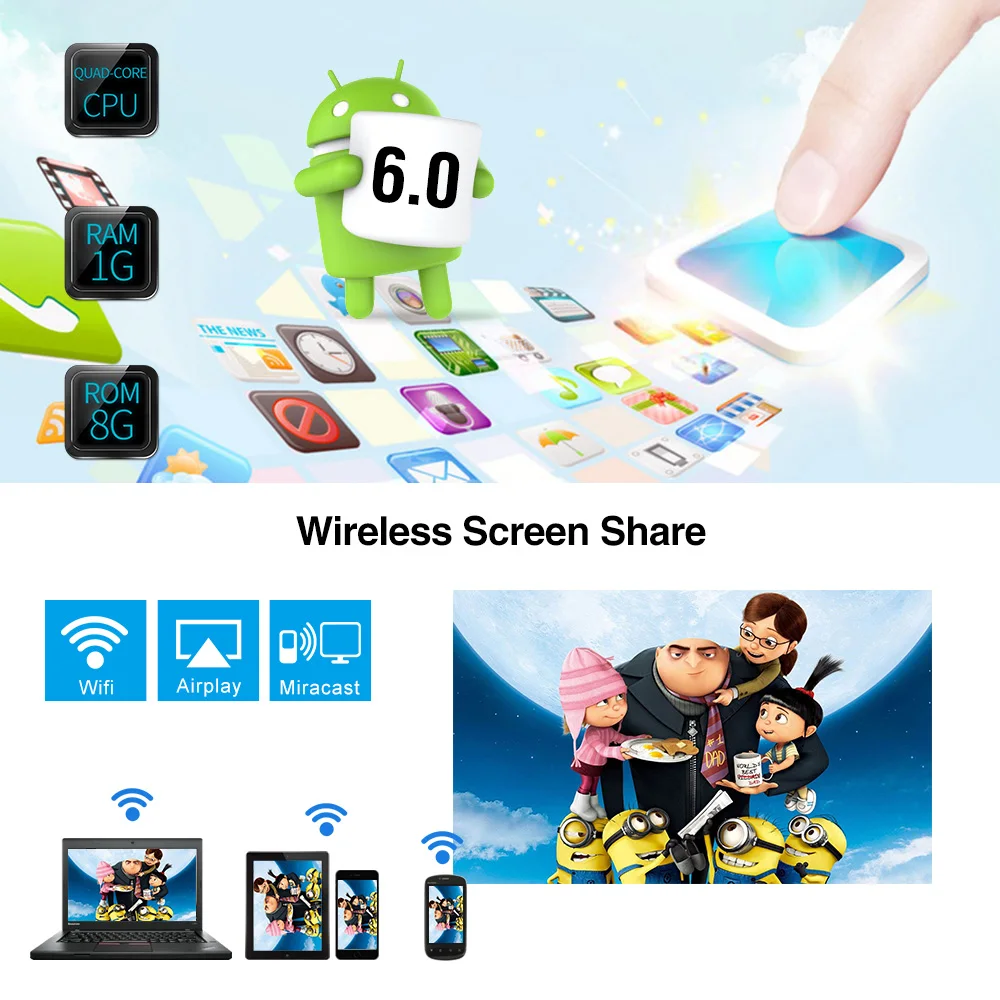  Wifi Portable Projector Bluetooth LED Wireless Smart Android 3200 Lumen Home Outdoor Movie Gaming w