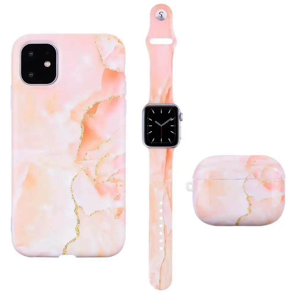 

For iphone 12 Pro Max Fashionable Marble Pattern Case Watch Band Strap 42mm/44 MM Earphone Case For Airpods Pro
