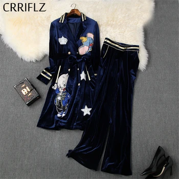 

Winter Women Velutum Set Full Sleeve Turn Down Collar Cartoon Embroidery Coat Full Length Pant 2 Piece Set Women Casual Pant Set