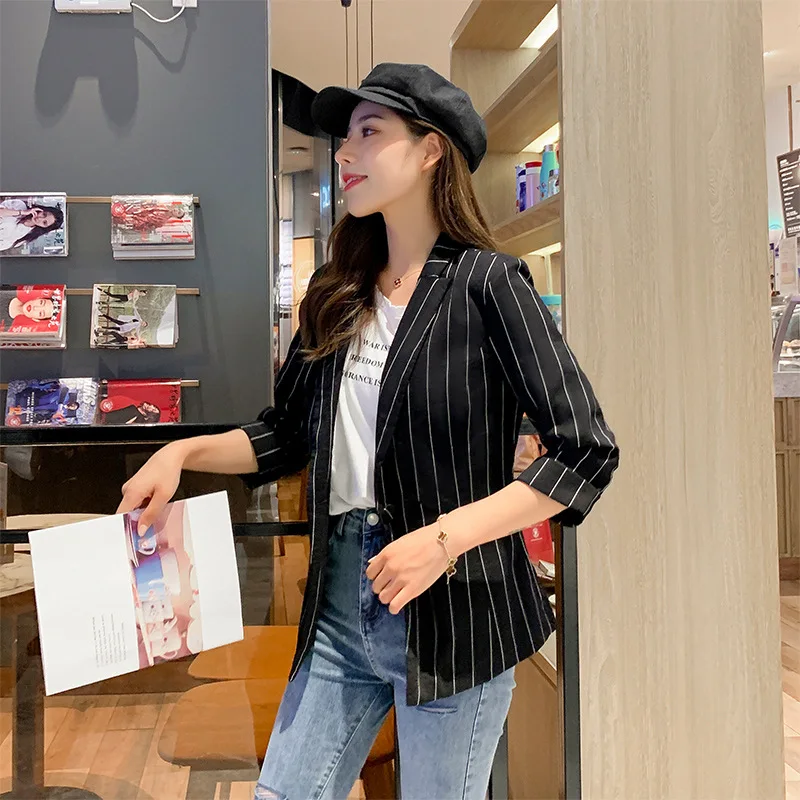 

Early Autumn Stripes Suit Jacket WOMEN'S Dress 2019 New Style Ozhouzhan Early Autumn European Goods Western Style Thin Tops Fash