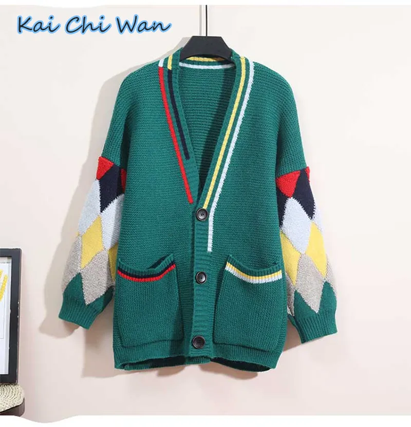 Kai Chi Wan осень/зима свитер средней длины пальто женский свободный и утолщенный вязаный кардиган с v-образным вырезом Топ