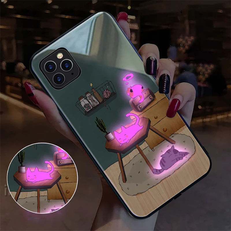 Cute Cats Call Flashing Tempered Glass Protector Phone Cover for Apple iPhone 11 Pro Max 12 Mini 6S 7 8 Plus X XS XR XS MAX