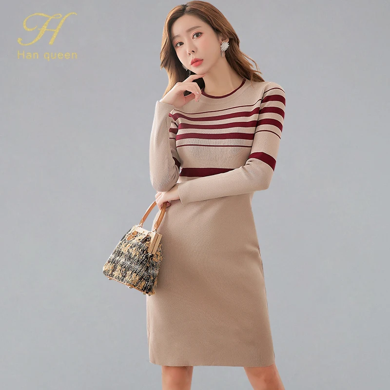 

H Han Queen Vintage Striped Sheath Pencil Dress Women 2019 Autum Winter O-neck Knitted Bodycon Dresses Casual Bottoming Vestidos